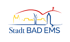 Logo der Stadt Bad Ems: blaue Schrift, farbige Silhouette der Stadt auf weißem Hintergrund.