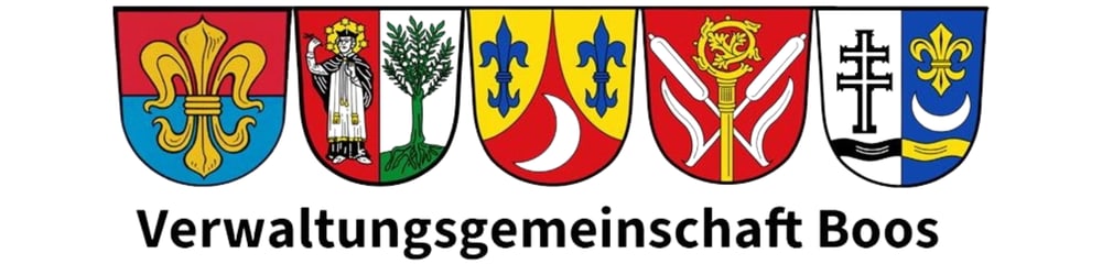Wappen der Verwaltungsgemeinschaft Boos, bestehend aus sechs Gemeindewappen und Text "Verwaltungsgemeinschaft Boos".