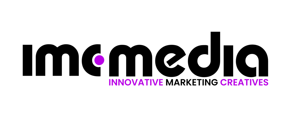 IMC Media Logo: "imc media" in Weiß mit einem lila Punkt über dem "i", darunter "INNOVATIVE MARKETING CREATIVES".