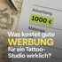 Tattoo-Studio-Rechnung mit hervorgehobenem Werbebudget – Titel: 'Was kostet gute Werbung für Tattoo Studios wirklich?
