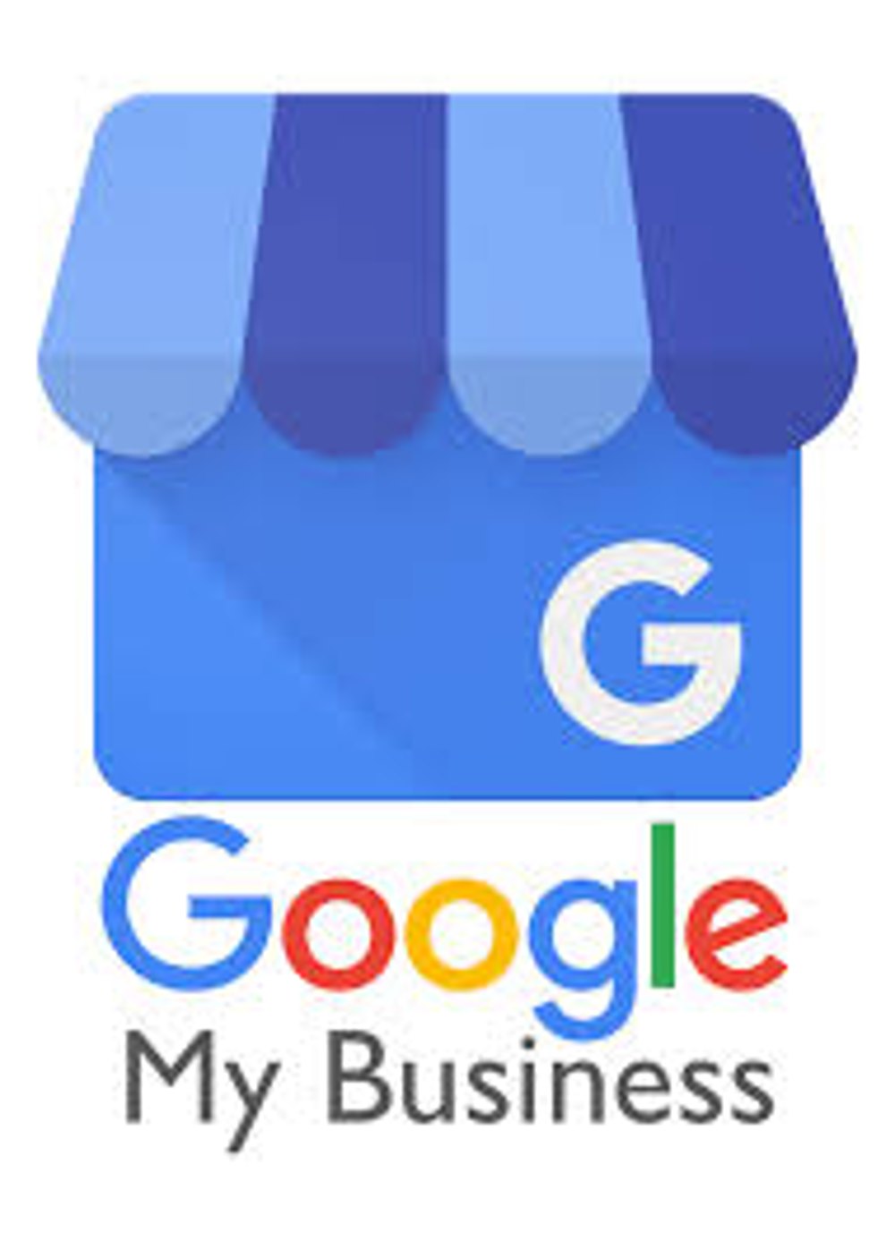 Google My Business Logo, ein blaues Geschäft mit einem G-Symbol und dem Text "Google My Business".