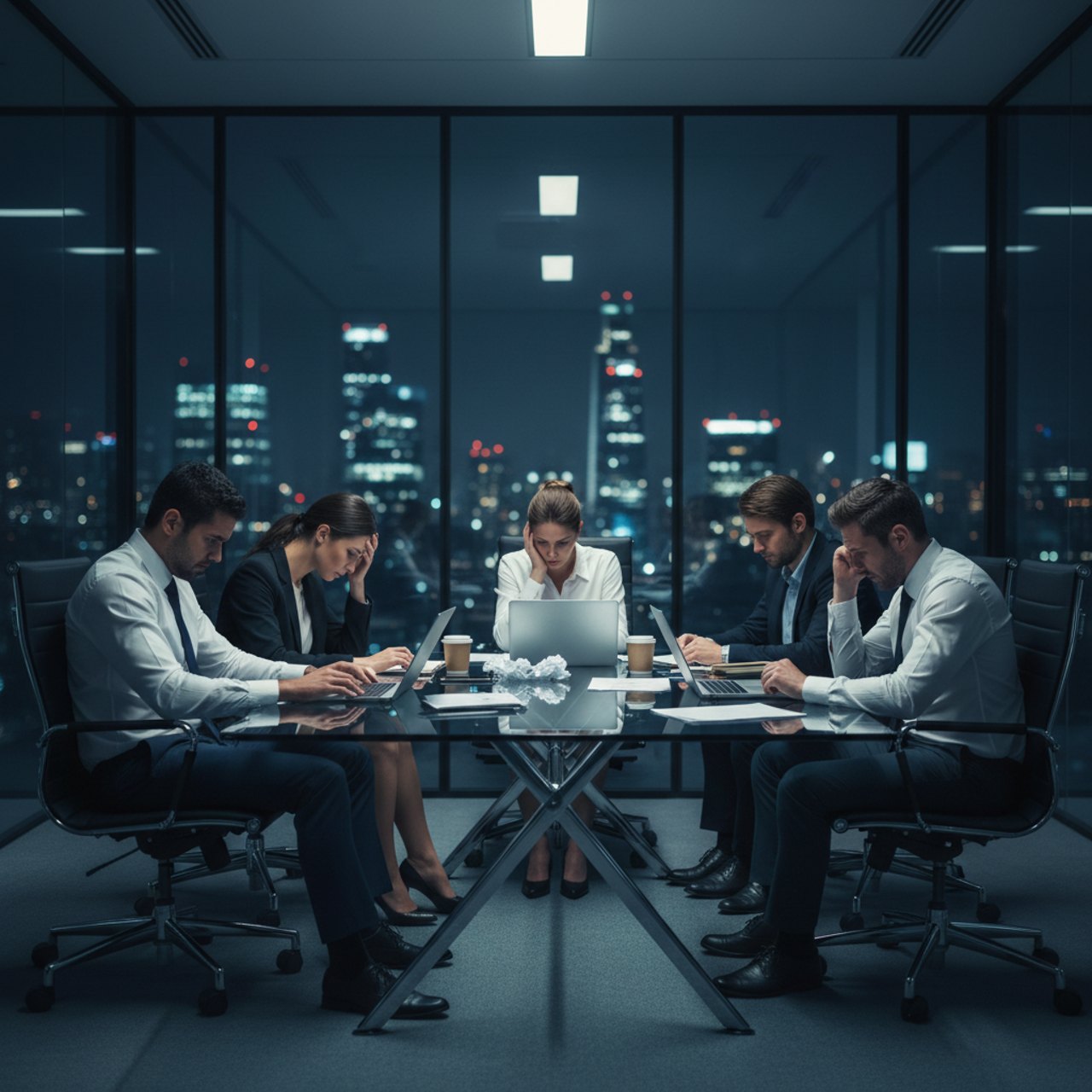 Team sitzt spätabends im Besprechungsraum am Tisch