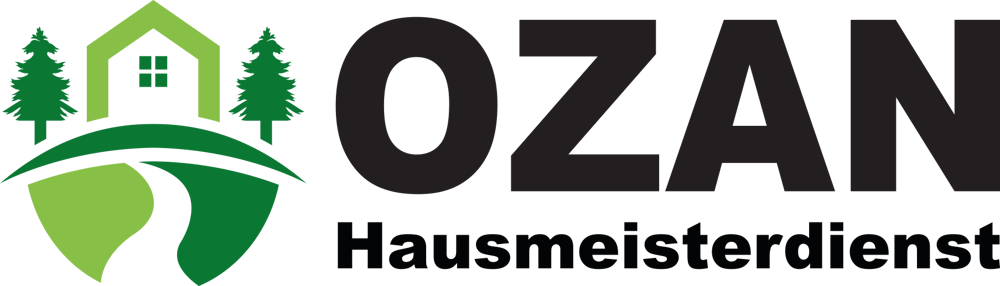 Logo: Haus, Bäume und Straße in Grün, daneben "OZAN" und darunter "Hausmeisterdienst" in Schwarz.