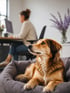 Ein brauner Hund liegt entspannt im Hundekorb, während im unscharfen Hintergrund eine Frau am Schreibtisch arbeitet.