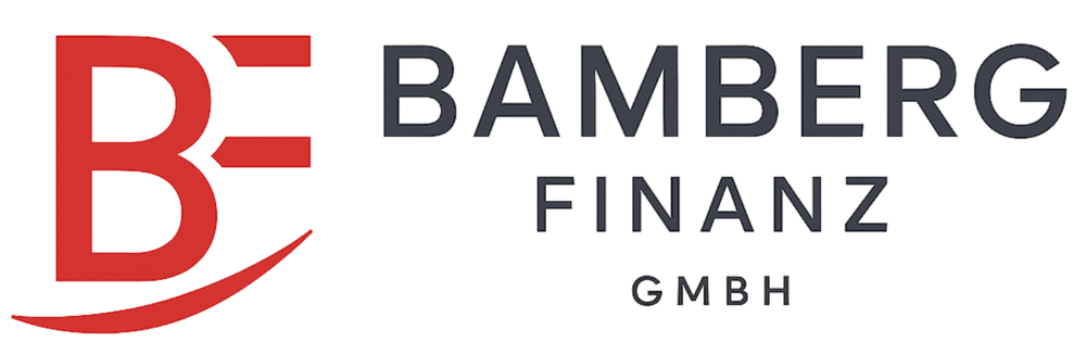 Logo von Bamberg Finanz GmbH mit rotem "B" und "F" links, und grauem Text "BAMBERG FINANZ GMBH" rechts.