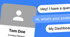 A user profile card for "Tom Doe" next to chat bubbles with text "Hey! I have a ques" and "Hi, what's your proble".