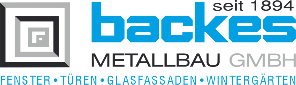 Backes Metallbau GmbH Logo mit Text "130 Jahre", "Fenster • Türen • Glasfassaden • Wintergärten".