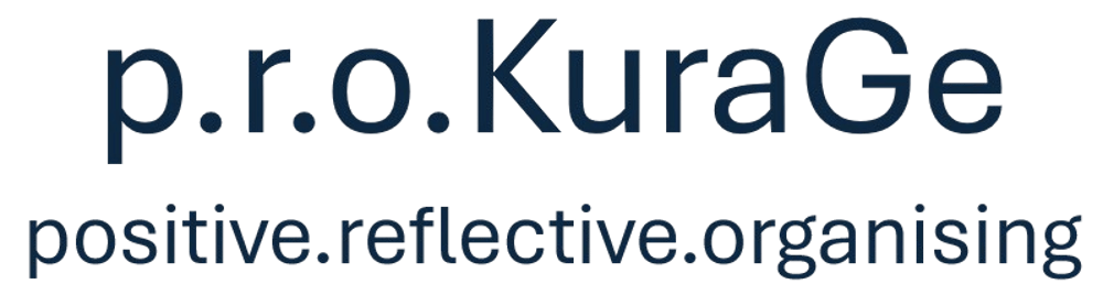 Logo mit dunkelgrünem Hintergrund und blauem Text: "p.r.o.KuraGe" und darunter "positive.reflective.organising".
