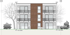 Architekturzeichnung eines dreistöckigen Mehrfamilienhauses mit Flachdach, Balkonen und brauner Fassadengestaltung mittig.