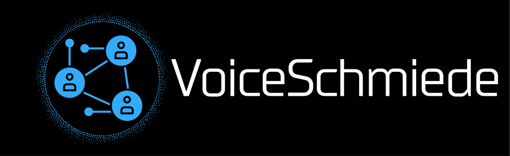 VoiceSchmiede-Logo mit drei miteinander verbundenen Personensymbolen in einem blauen Kreis.