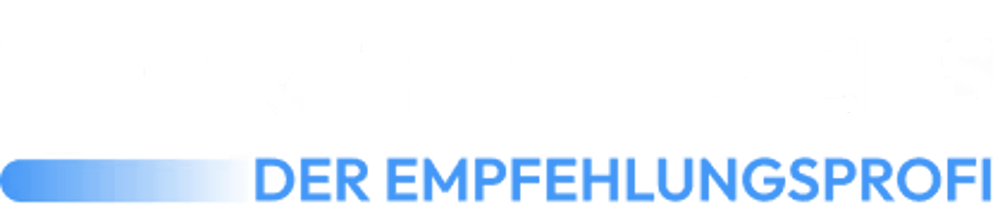 Thore Friedrichs Der Empfehlungsprofi in weiß und blau auf dunkelgrünem Hintergrund.