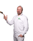 Ein lächelnder Mann in weißer Maleruniform mit Pinsel und dem Logo "Holz + Demuth" auf der Brust.