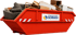 Roter Abfallcontainer der Firma Schrass, gefüllt mit Sperrmüll wie Sofa, Matratze und Holzteilen vor schwarzem Hintergrund.