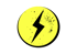 Gelber Kreis mit schwarzem Blitzsymbol und Textur auf dunklem Hintergrund.