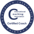Rundes Logo "International Coaching Association, Certified Coach" mit blauem Rand und Schrift.