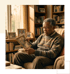 An elderly man in a sweater sits in an armchair holding a framed family photo in a room filled with books and pictures.