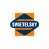 Blaues SWIETELSKY-Logo auf orangefarbenem Hintergrund, der ein Quadrat und eine Raute bildet.