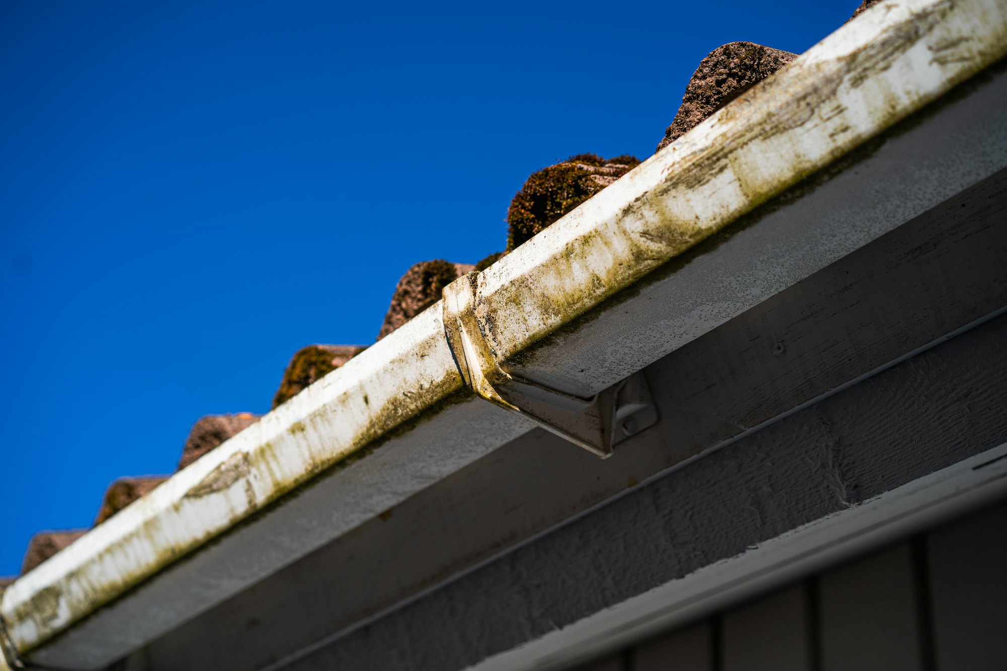 Gutters hung on the fascia board along a roof edge, the area checked during soffit and fascia repair in Fort Worth