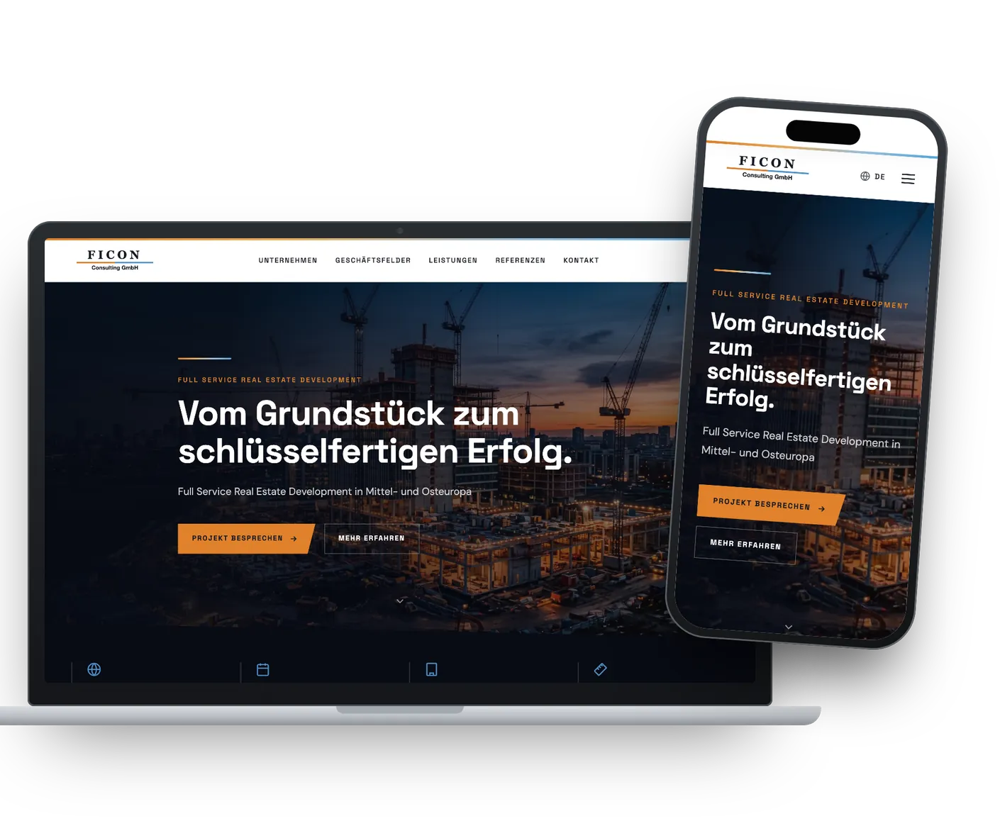 Website der FICON Consulting GmbH auf Laptop und Smartphone, Webdesign-Projekt von Marketing-SG