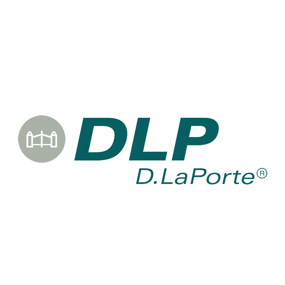 DLP D.LaPorte Logo auf grünem Hintergrund mit Brückensymbol.