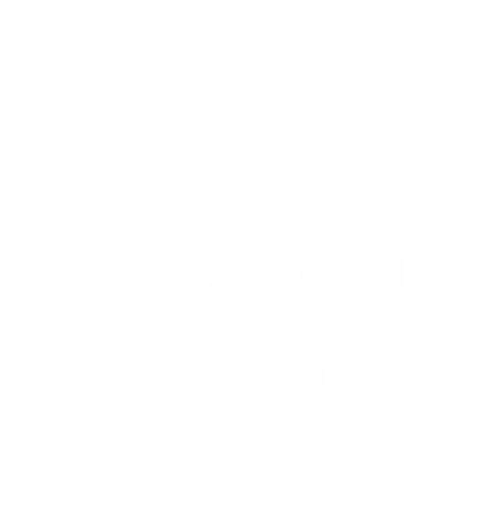 Weisser Stern mit weißem Text "PC DISCOUNT STAR FAIR SCHNELL ZUVERLÄSSIG".