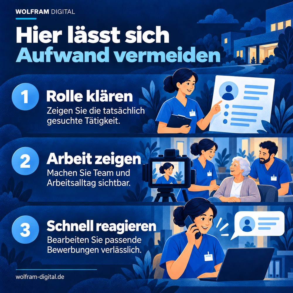 Hier lässt sich Aufwand vermeiden. Rolle klären: Zeigen Sie die tatsächlich gesuchte Tätigkeit.. Arbeit zeigen: Machen Sie Team und Arbeitsalltag sichtbar.. Schnell reagieren: Bearbeiten Sie passende Bewerbungen verlässlich.