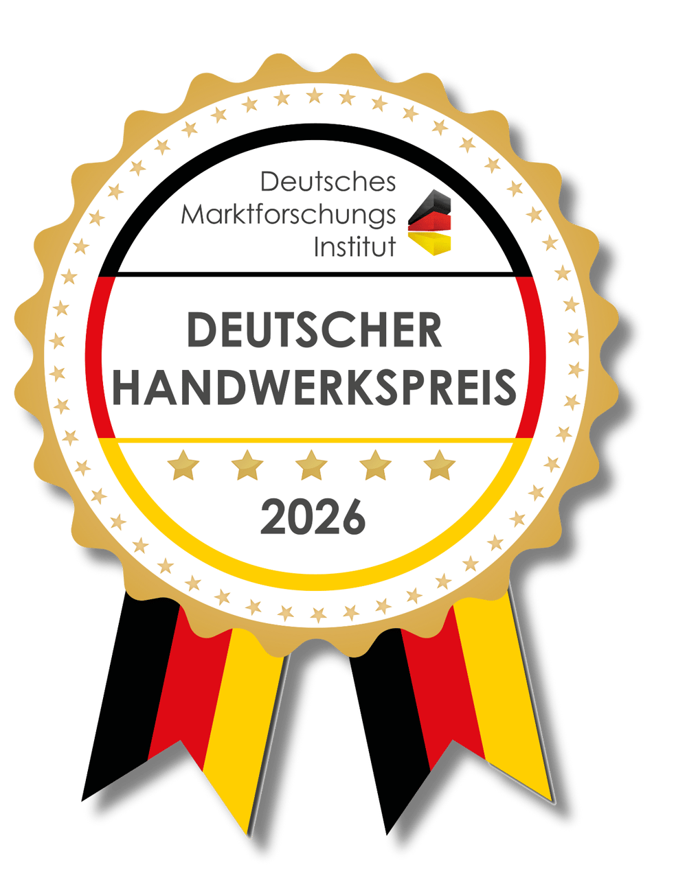 Siegel des Deutschen Marktforschungs Instituts für den Deutschen Handwerkspreis 2026 in Gold mit schwarz-rot-goldenen Bändern.
