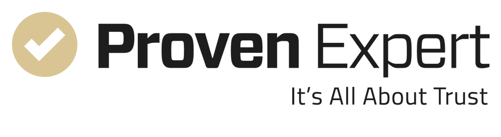 Logo von Proven Expert: ein beigefarbener Kreis mit weißem Häkchen, daneben der Text "Proven Expert" und darunter "It's All About Trust".