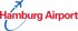 Hamburg Airport Logo mit rotem Schriftzug und einem blauen Flugzeug-Icon vor schwarzem Hintergrund.