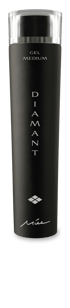 Schwarze Flasche Miée Diamant Gel Medium mit silberner Kappe und vertikaler Schrift auf schwarzem Hintergrund.