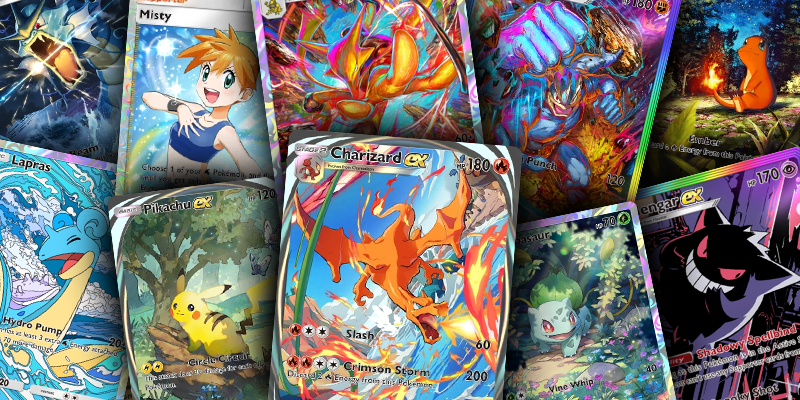 Eine Gruppe von Pokémon TCG-Karten, die auf einem Tisch ausgebreitet sind, während die Hand eines Spielers sich ausstreckt, um eine Karte aufzuheben.