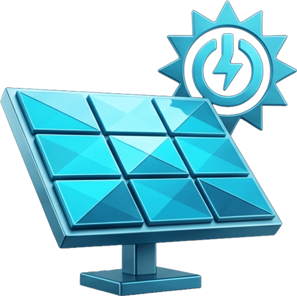 Blaues Solarpanel mit einem Sonnen-Symbol, das ein Blitz- und Power-Icon enthält.