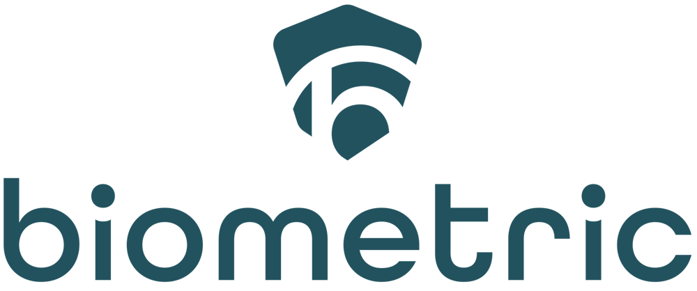 Blaues Logo mit stilisiertem "b" und schwarzem Text "biometric".