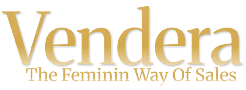 Goldener Vendera-Schriftzug mit dem Slogan „The Feminin Way Of Sales“ auf schwarzem Hintergrund.