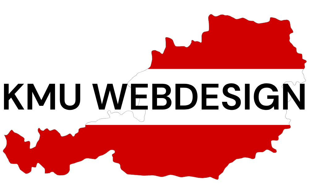 Die Umrisse von Österreich in Rot-Weiß-Rot mit dem Text „KMU WEBDESIGN“ in Schwarz.