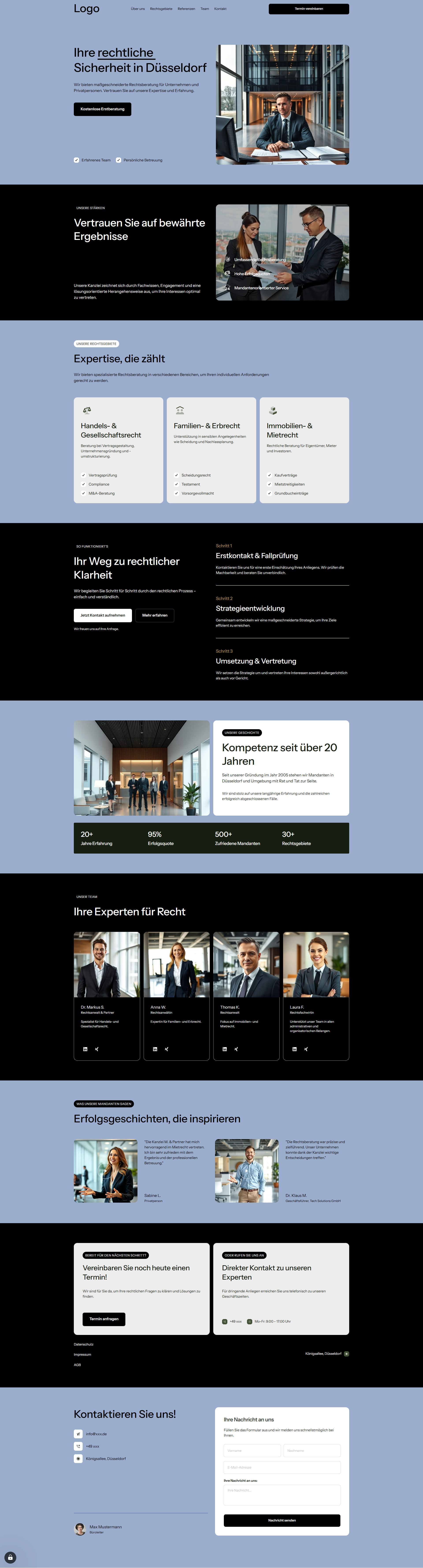 Zu sehen ist die fiktive Webseite einer Anwaltskanzlei aus Düsseldorf. Alle gezeigten Inhalte wie Bilder, Personen und Texte haben keinen realen Bezug und sind KI generiert.