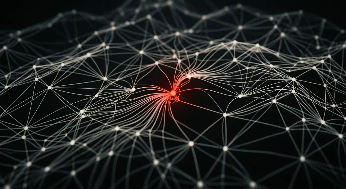 Abstract network diagram of connected nodes on a black background, with one node glowing red
