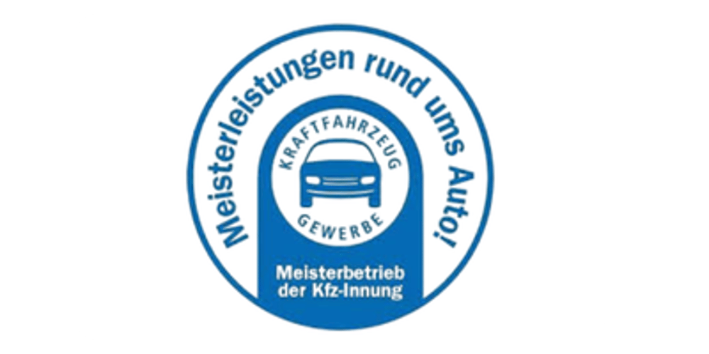 Rundes blaues Logo mit Text "Meisterleistungen rund ums Auto!" und "Meisterbetrieb der Kfz-Innung" und Auto-Symbol.