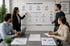 Four business professionals in a meeting room, a woman points to a whiteboard showing "PLAN & IMPLEMENT" workflow.