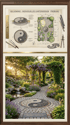Gartendesign-Skizzen und ein realisierter Garten mit einem Yin-Yang-Kiesweg, einem Wasserfall und lila Blumen unter einer Pergola.