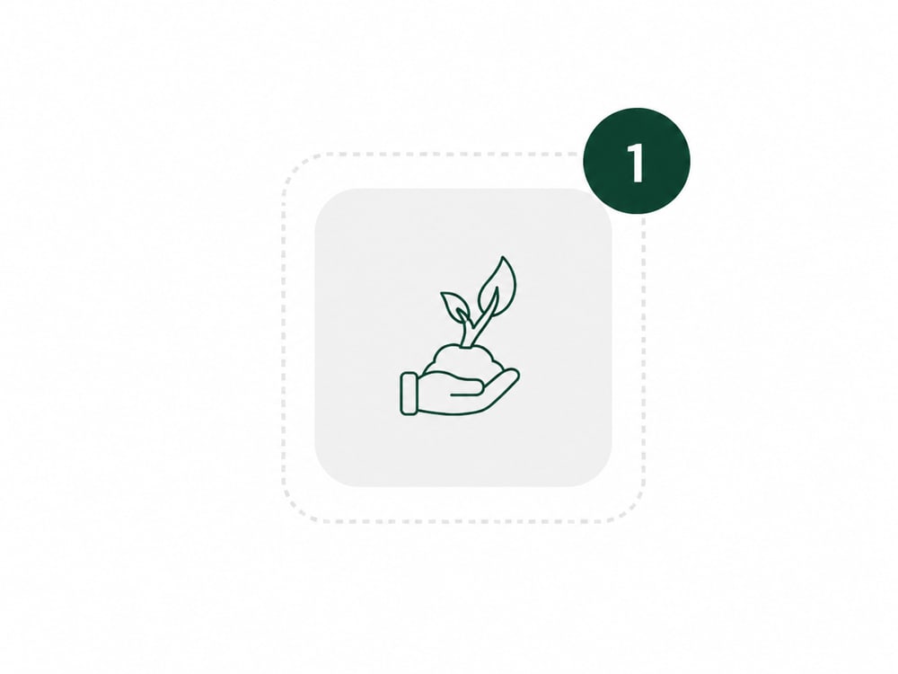 Grünes Icon einer Hand, die eine Pflanze in Erde hält, markiert mit einer weißen Eins im dunkelgrünen Kreis.