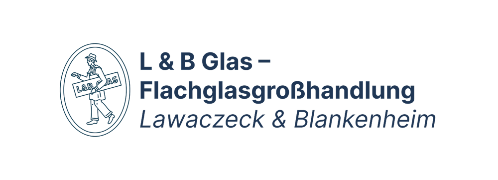 Logo: L & B Glas – Flachglasgroßhandlung Lawaczeck & Blankenheim. Mann trägt Glasscheibe in Oval.