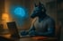 Ein anthroformes blaues Anubis-Wesen mit Kopfhörern arbeitet an einem Laptop; ein leuchtendes Gehirn-Hologramm schwebt daneben.
