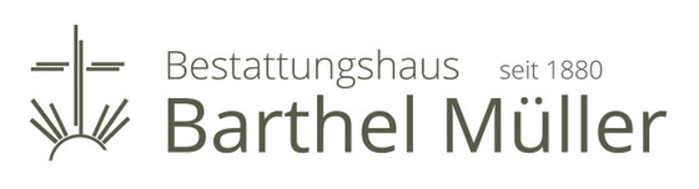 Logo: Kreuz über aufgehender Sonne, Text "Bestattungshaus seit 1880 Barthel Müller".
