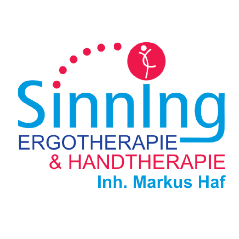 Logo der Praxis Sinning Ergotherapie & Handtherapie Inh. Markus Haf mit rotem Symbol einer bewegten Figur auf schwarzem Grund.