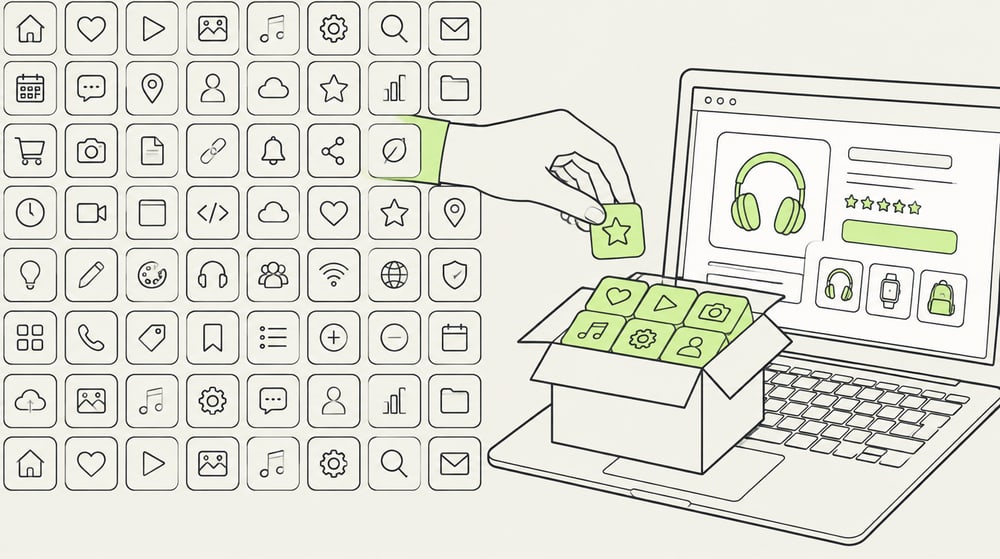 Illustration: aus einer Wand mit vielen App-Kacheln greift eine Hand sechs Kacheln in Lime heraus und legt sie in eine Kiste auf einem Laptop mit Onlineshop