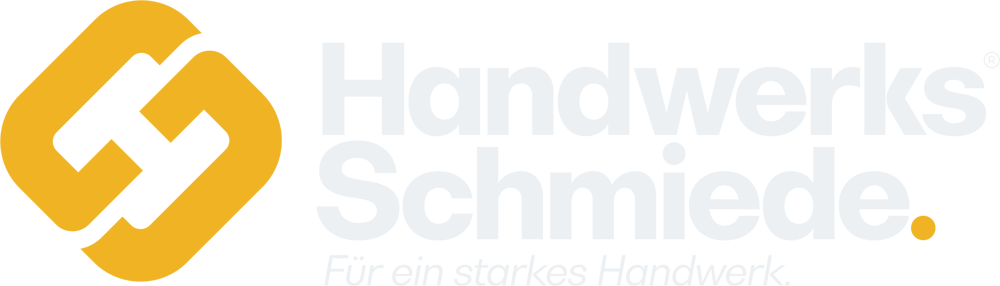 Logo der HandwerksSchmiede mit goldenem Symbol und weißem Text „HandwerksSchmiede. Für ein starkes Handwerk“.