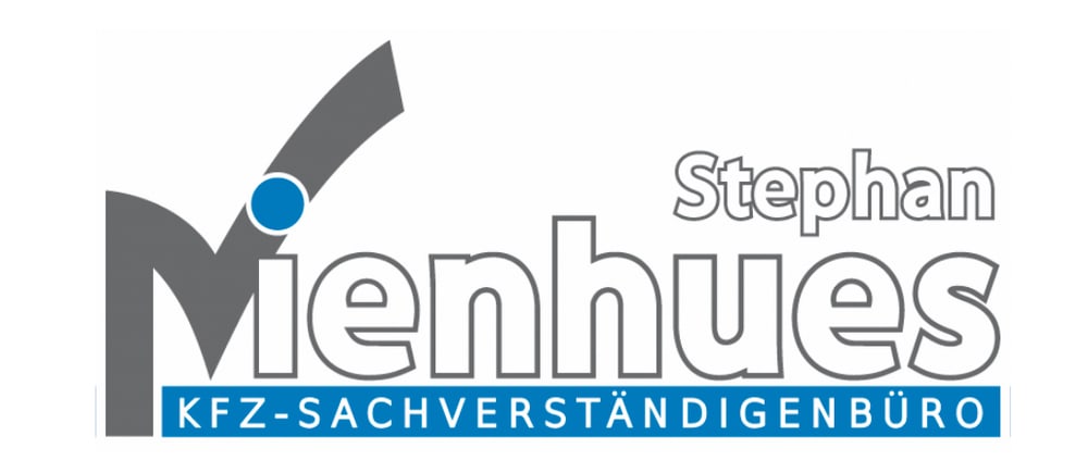 Logo: Stephan Menhues KFZ-Sachverständigenbüro. Ein großes graues "M" mit einem blauen Punkt.