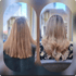 Rückansicht von Frauenhaar vor und nach dem Friseur: glattes braunes Haar und welliges blondes Balayage-Haar.
