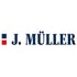 J. Müller Logo mit dunkelblauer Schrift, links ein kleines blaues und ein rotes Quadrat.